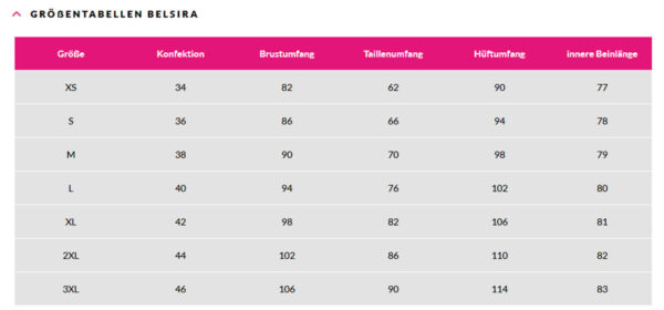 Maßtabelle Belsira