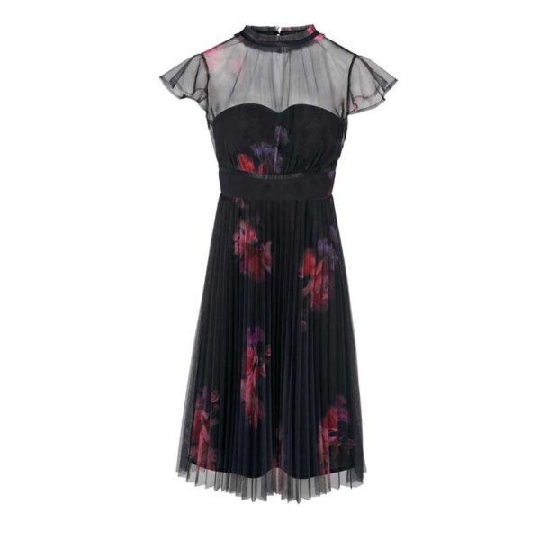 Designer-Plisseekleid, schwarz-bordeaux, Gr. 40 - 46